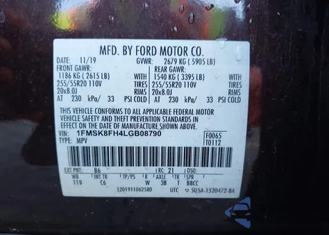 2020 Ford Explorer Limited from USA, damaged, VIN 1FMSK8FH4LGB08790
